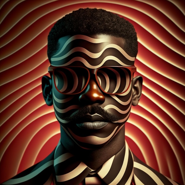 Generative ai optical art fashion portrait black young man big mustache posing