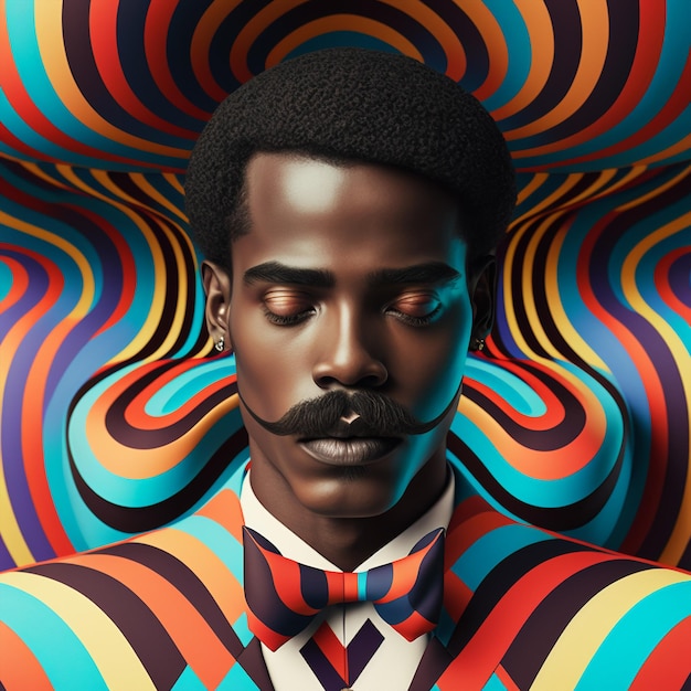 Генеративный ИИ оптическое искусство модный портрет черный молодой человек с большими усами позирует