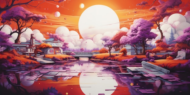 Photo generative ai orange and purple vintage retro landscape abstract graffiti street art painting of fantasy landscape