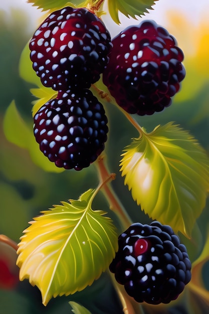 Generative AI organic blackberries growing on the bush macro close up view