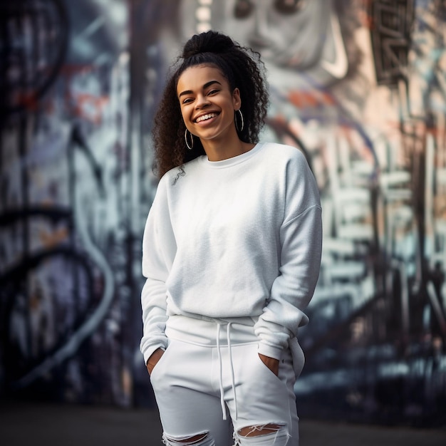 Generative ai outdoor portrait of mixed race young woman wearing a white jumper