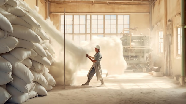 Generative AI Packed sugar sacks are conveyed along industrial conveyor belts