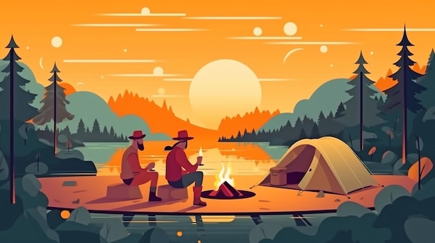 Photo generative ai a pair on vacation a man and woman around a campfire