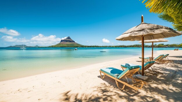 Generative AI panorama of the beach in Mauritius with chairs and umbrellas