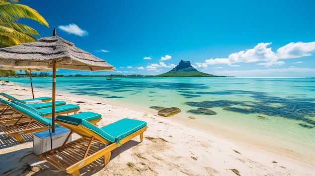 Generative AI panorama of the beach in Mauritius with chairs and umbrellas