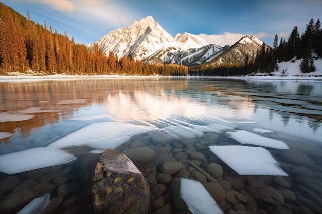 Generative ai panorama of gorgeous lake surrounded by mountains at sunrise