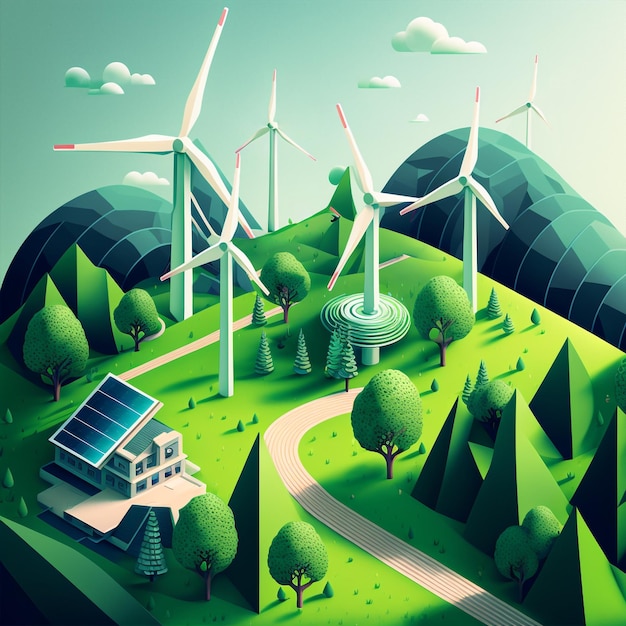 Генерирующая панорама ИИ с ветряной турбиной для альтернативной энергетики