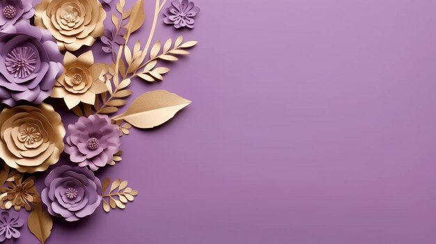 Generative ai paper cut craft flowers and golden leaves light purple digital lavender color