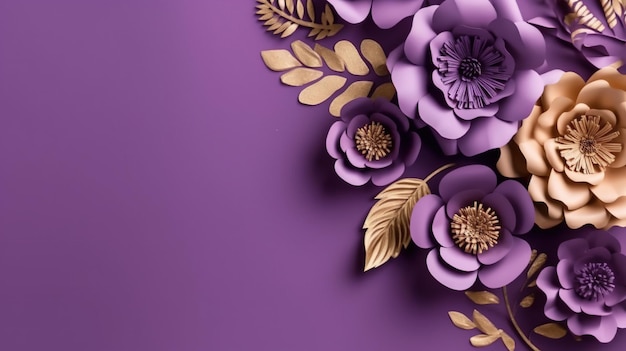 Generative ai paper cut craft flowers and golden leaves light purple digital lavender color