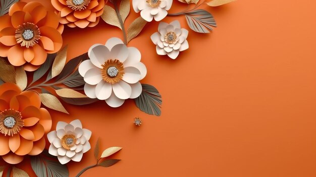 Generative AI Paper cut craft flowers and leaves apricot crush orange color origami textured background spring mood Floral frame layout