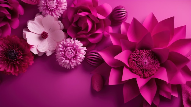 Generative AI Paper cut craft flowers and leaves viva magenta color floral origami textured