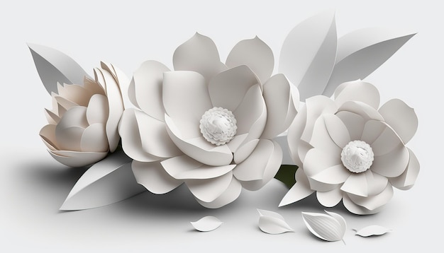 Generative AI Paper cut craft flowers and leaves white color floral origami textured background