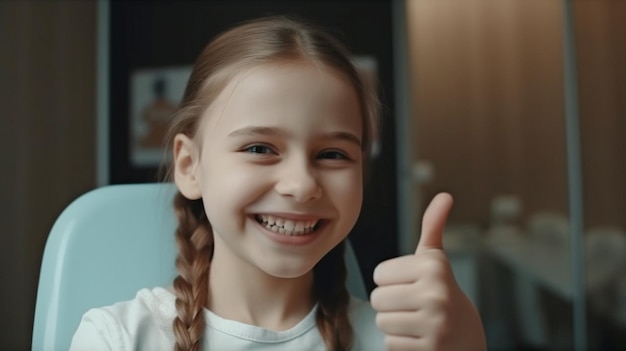 Девушка-пациент с генеративным искусственным интеллектом показывает большой палец вверх в стоматологическом кабинете