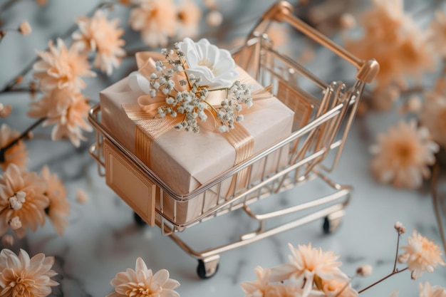 Generative AI peach fuzz color shopping cart with many gift boxes on light peach background