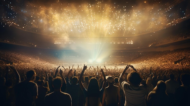 Generative AI People crowd on music rock festival concert in stadium big stage lit by spotlights