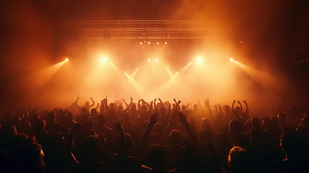 Generative AI People crowd on music rock festival concert in stadium big stage lit by spotlights