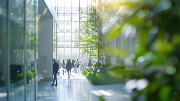 Generative AI people walking on green office space motion blur effect environment concept