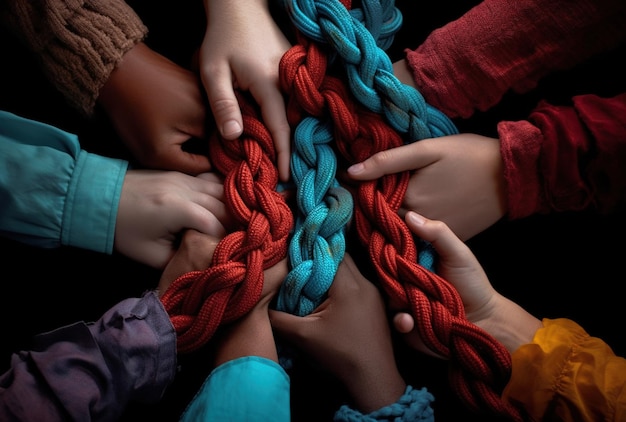 Generative AI peoples hands working together to untangle a knotted rope Business teamwork