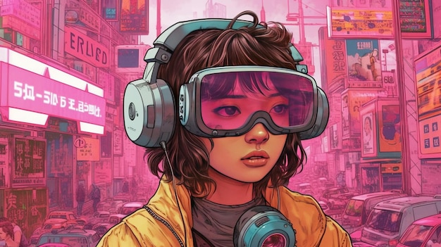 Photo generative ai person in glasses cyberpunk anime style inspired by josan gonzalez light yellow and pink colors virtual reality conceptx9