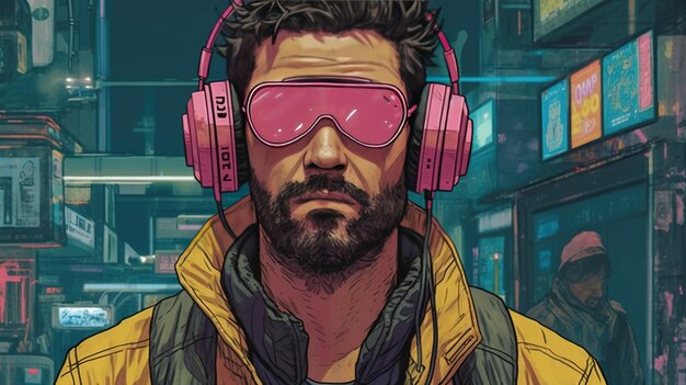 Генеративный ИИ-человек в очках в стиле аниме-киберпанка, вдохновленный Хосаном Гонсалесом