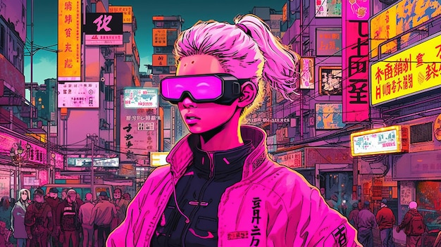 Generative AI person in glasses cyberpunk anime style inspired by Josan Gonzalez