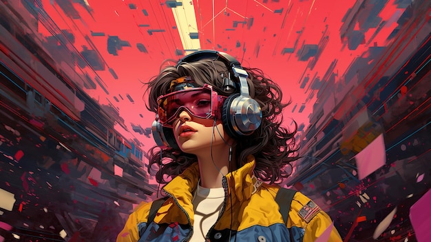 Генеративный ИИ человек в очках в стиле киберпанк в стиле аниме Светло-желтый и розовый цвета, концепция виртуальной реальности