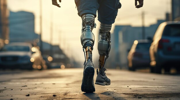 Generative AI person with disability prosthetic limb running and does not feel obstaclesx9