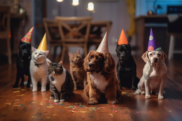 Photo generative ai pet animals wearing birthday hats for a party cute pets on birthday party