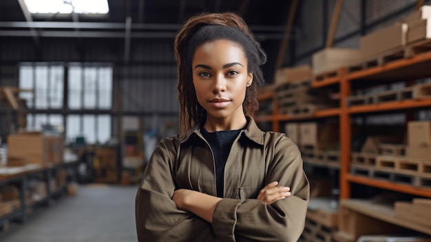 Generative AI photo of a black woman working in a manufacturing setting posed with her arms crossed