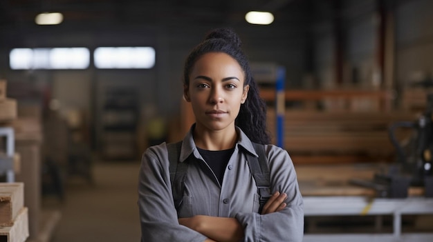 Генерируемая искусственным интеллектом фотография чернокожей женщины, работающей на производстве, со скрещенными руками.