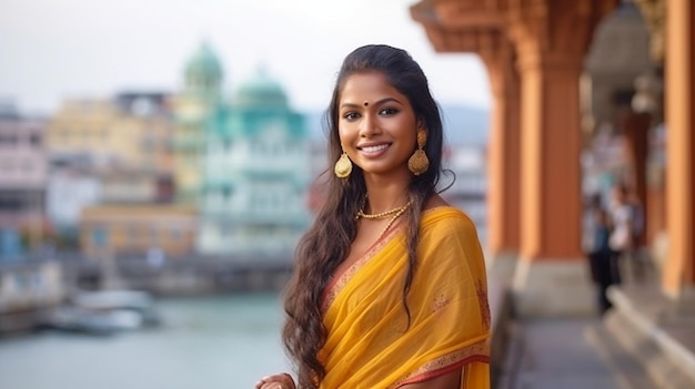 Generative AI photo of a cheerful Indian woman sitting in a traditional sari against a metropolitan backdrop