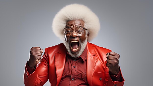 Generative AI Photo of ecstatic afro grandpa shout loud yeah fist up raise win lottery isolated white color background medium shot