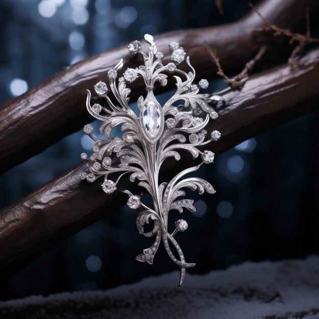 Generative AI photo Snowflake hanging on the branch element brooch