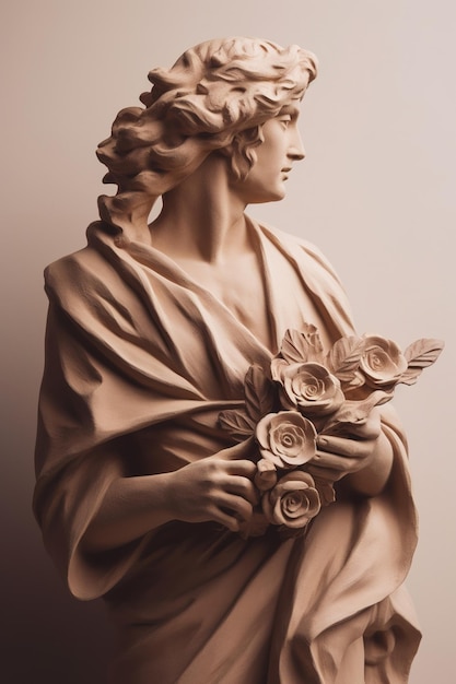 生成 AI フォトリアリスティックなアンティーク彫刻と花の落ち着いた中間色の 3D スタイルのセラミック像