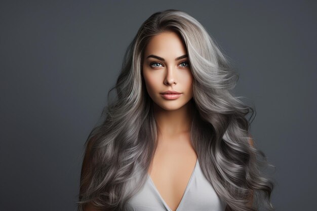 Generative AI picture of beautiful woman fashion model with long dyed gray color hair