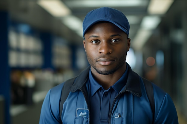 Generative AI picture of black man postman in uniform delivering parcel mail post to customer