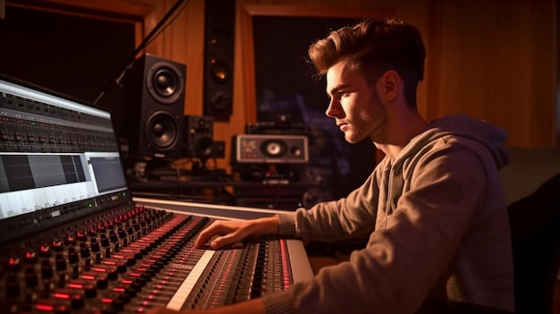 Generative AI picture of a concentrated young guy wearing headphones at an audio workstation in a professional recording studio