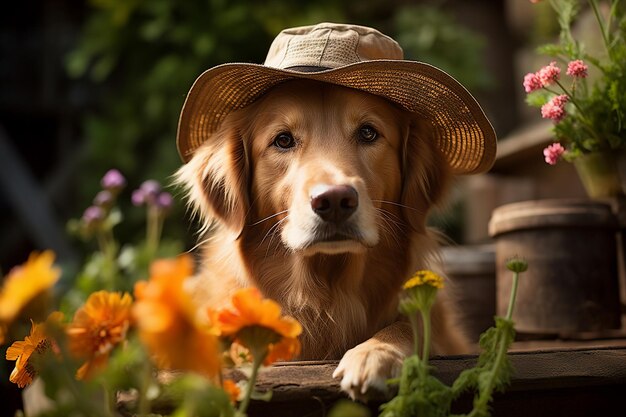 人工知能 (AI) で作成された花の中に座っているおもしろい幸せな犬のペットの写真自然の秋の農場の庭カラフルな画像