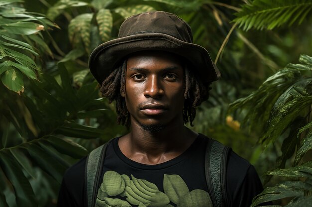 トロピックの緑の森を探索するハンサムな男性観光客の生成 AI 写真