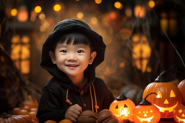 Генеративный искусственный интеллект изображение счастливого очаровательного ребенка в Хэллоуин октябрьской ночи