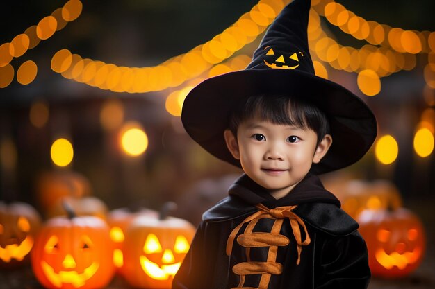 Генеративный ИИ изображение счастливого очаровательного ребенка в Хэллоуинскую октябрьскую ночь