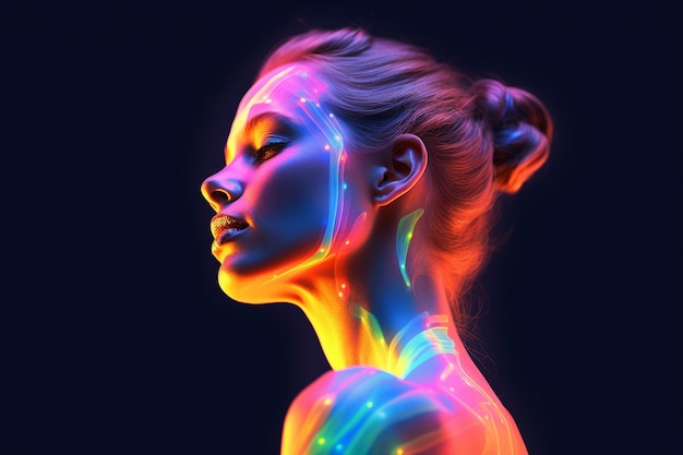 Generative ai picture image collage of stunning girl with vivid neon lights on skin achieve inner peace after meditation in night club