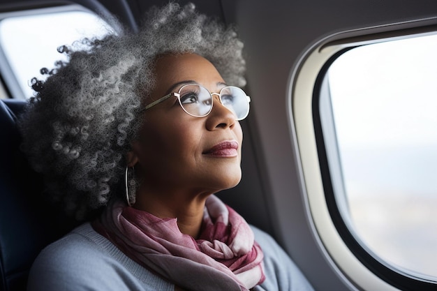 Photo generative ai picture portrait of aged woman man traveler person inside modern jet plane