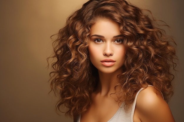 Generative AI picture of Young beautiful girl model demonstrating perfect styling curly hair