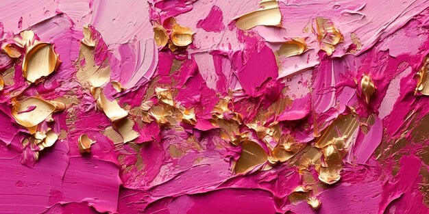 Generative AI Pink and golden impasto abstract painting viva magenta color background