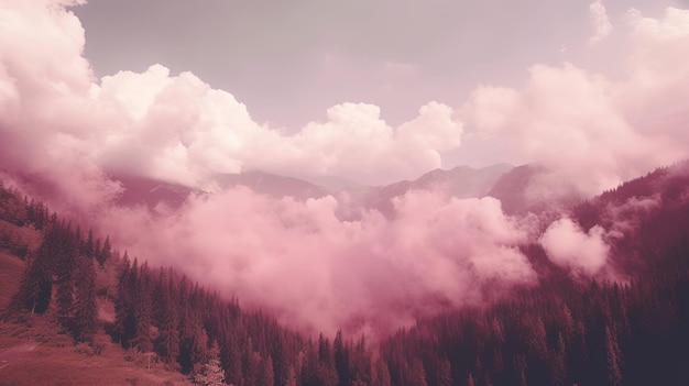 Фото Генеративный ai розово-пурпурные фантастические облака небо и пейзаж нежные цвета и яркие огни