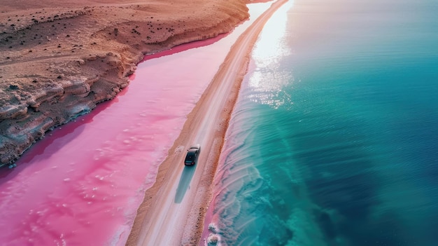 Foto generative ai paesaggio rosa del lago salato con la strada e la vista aerea della guida dell'auto
