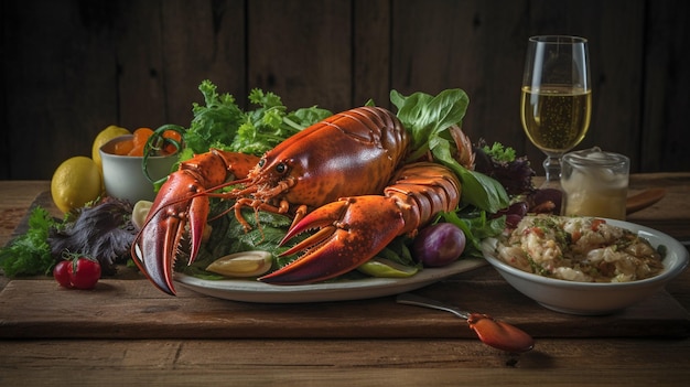 Generative AI places a delicious golden brown lobster on a bed of vivid green salad surrounded by a kaleidoscope of colorful veggies and fruits