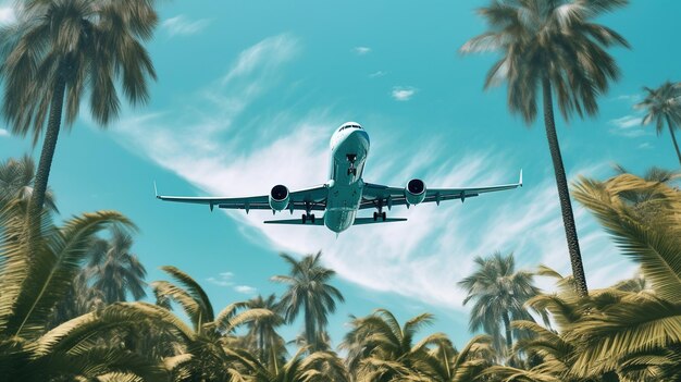 Generative AI plane fliing over a tropical island with palm trees Travel vacation concept