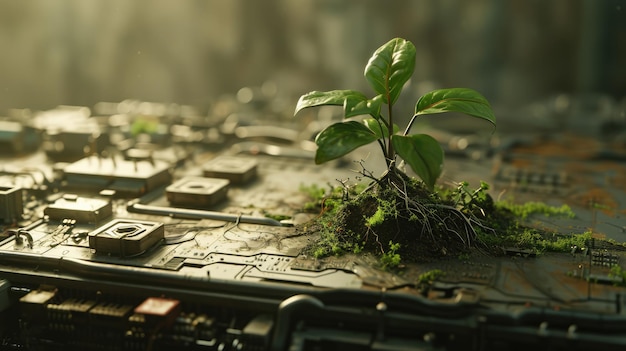Генеративный ИИ. Растение, выращиваемое на плате. Концепция экологии и окружающей средыx9xA
